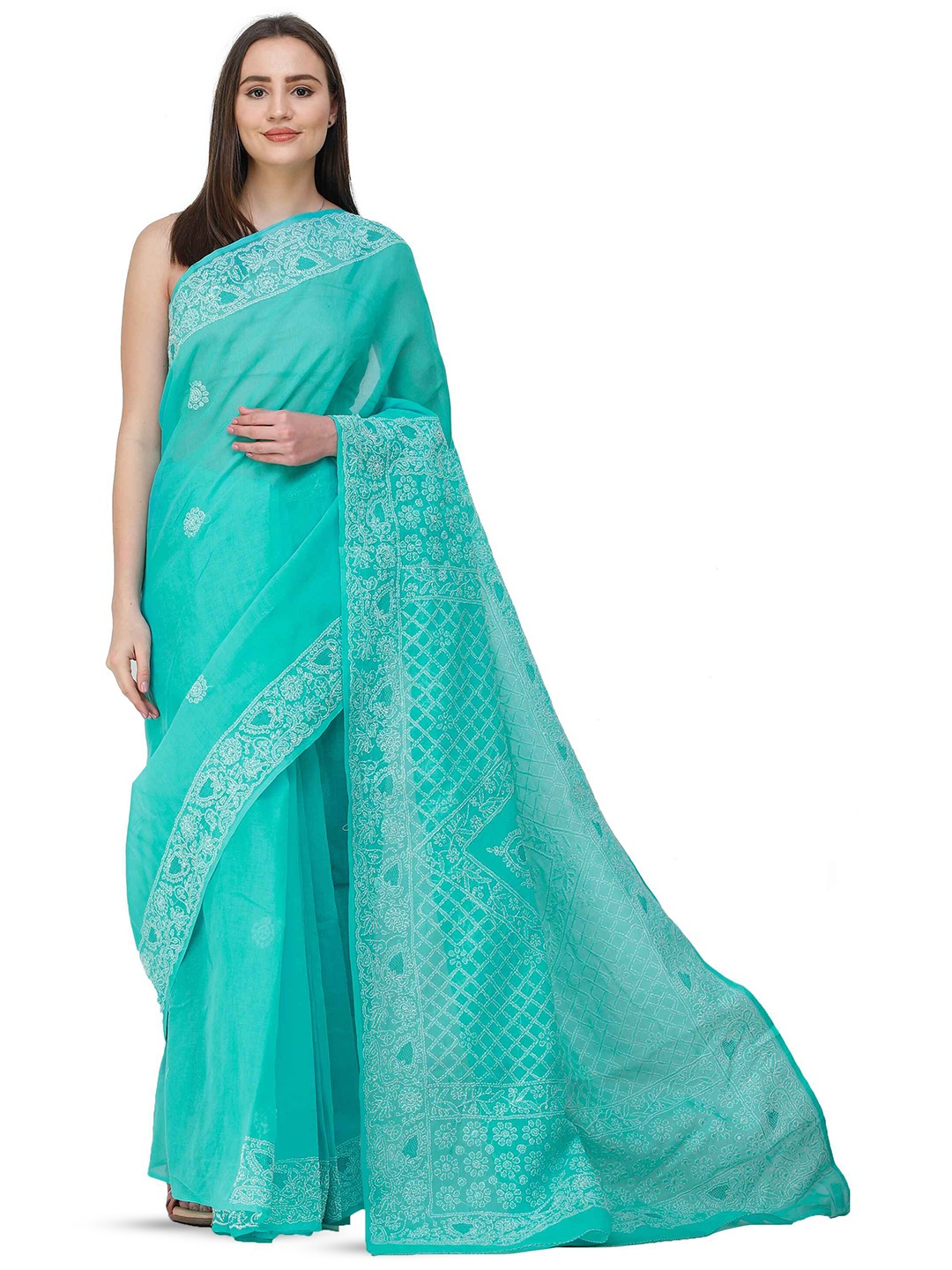 

Exotic India Ethnic Motifs Chikankari Pure Cotton Saree, Blue
