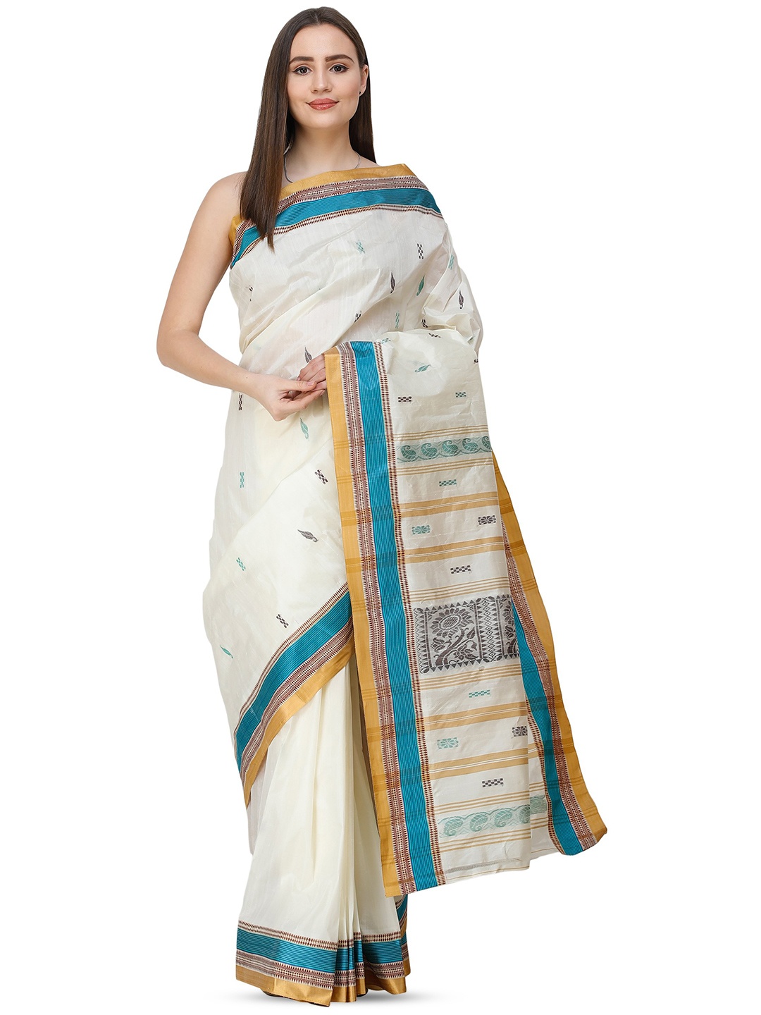 

Exotic India Woven Design Pure Silk Garad Saree, Cream