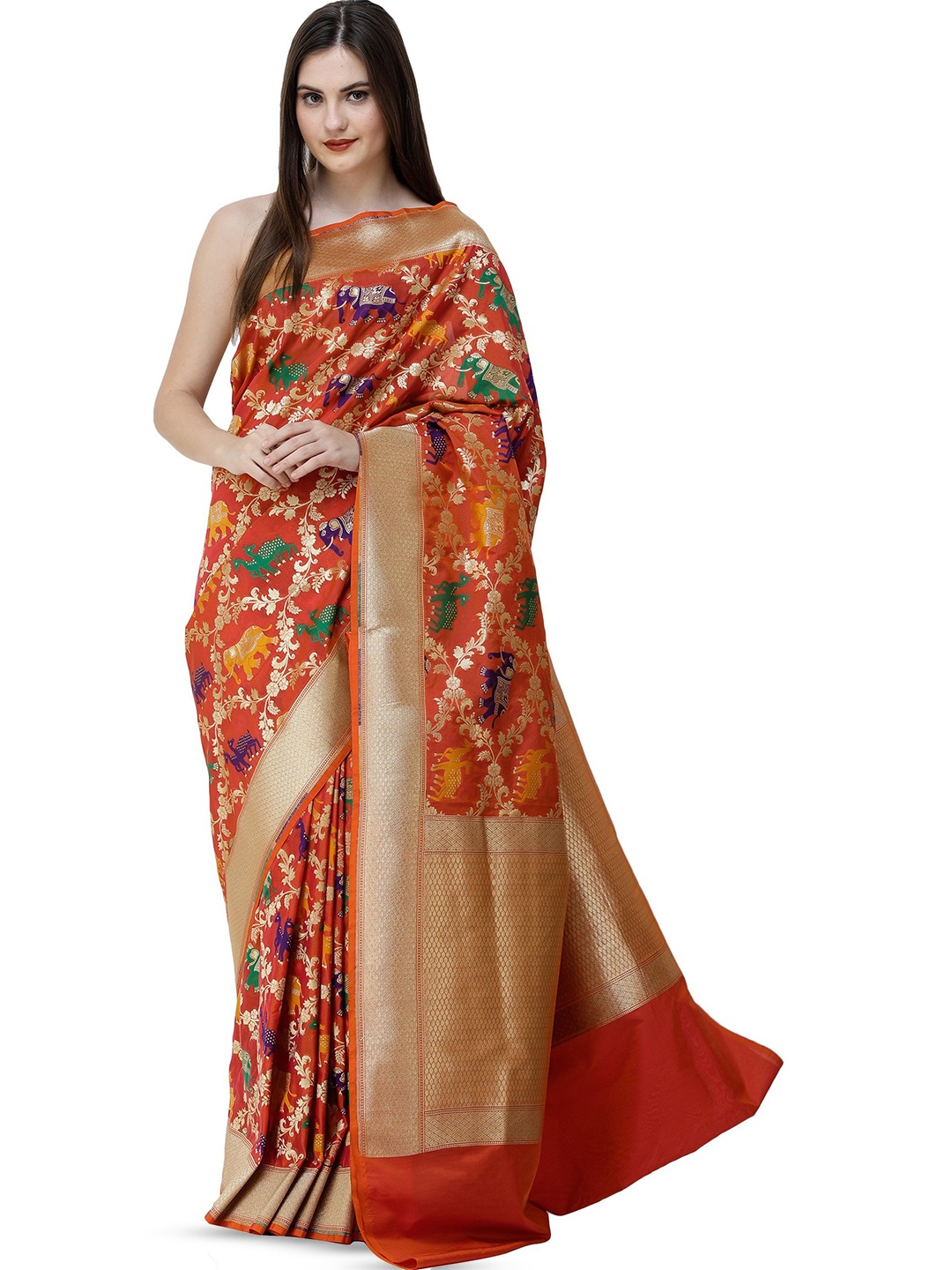 

Exotic India Carrot Orange Brocaded Meenakari Banarasi Saree with Zari-Woven Animals