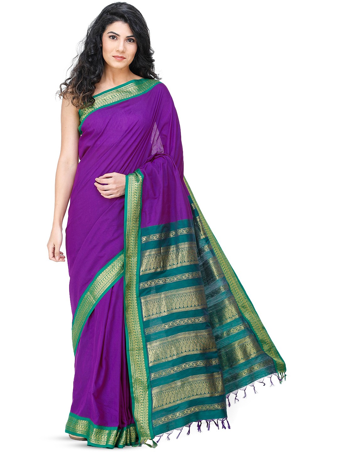 

Exotic India Zari Pure Cotton Saree, Green