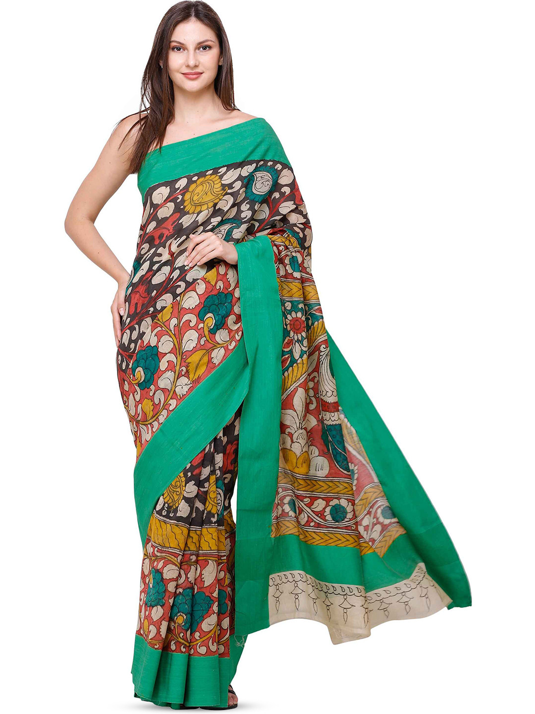 

Exotic India Kalamkari Pure Cotton Saree, Green