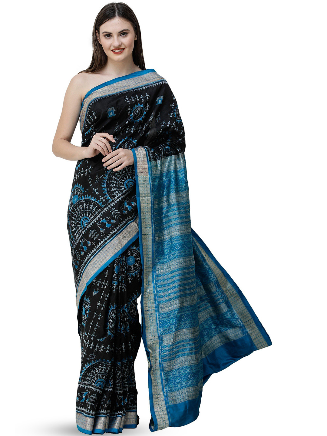 

Exotic India Warli Zari Pure Silk Bomkai silk Saree, Black