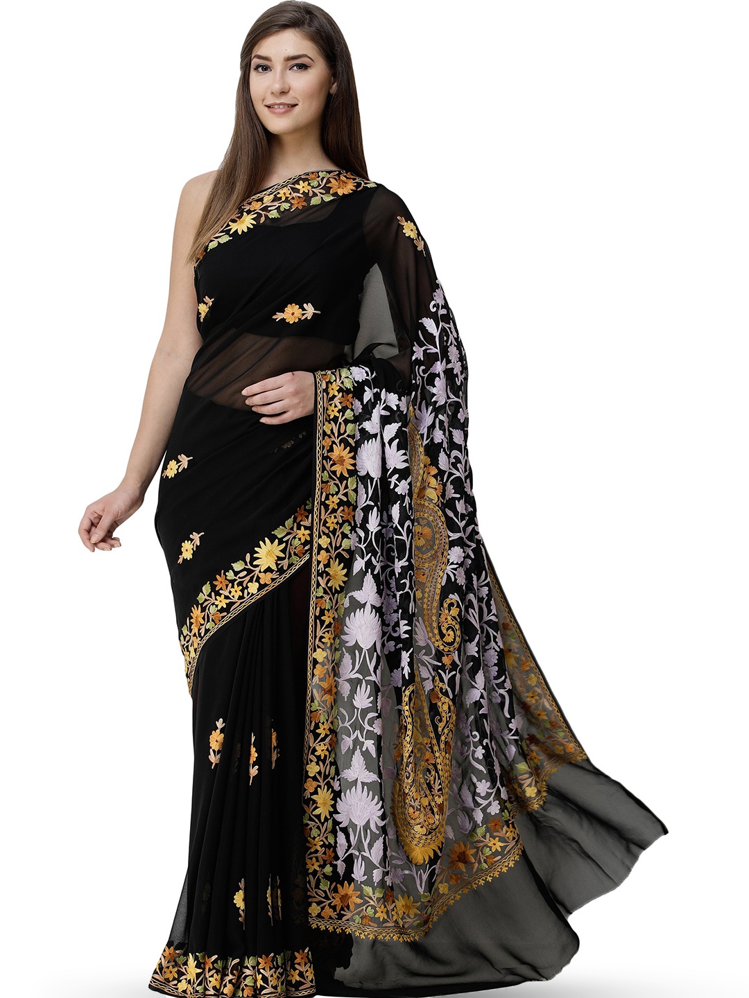 

Exotic India Pirate Black Kashmiri Saree with Aari-Embroidered Flowers and Paisleys