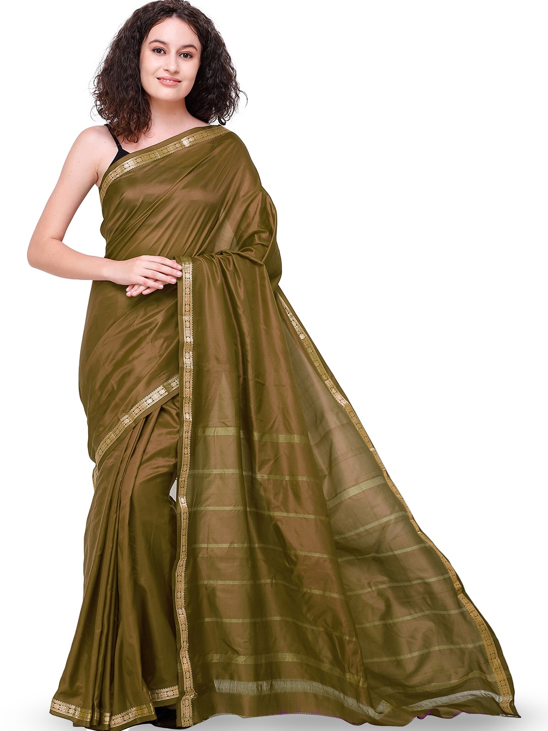 

Exotic India Ermine Plain Uppada Pure Silk Saree with Zari-Woven Border, Brown