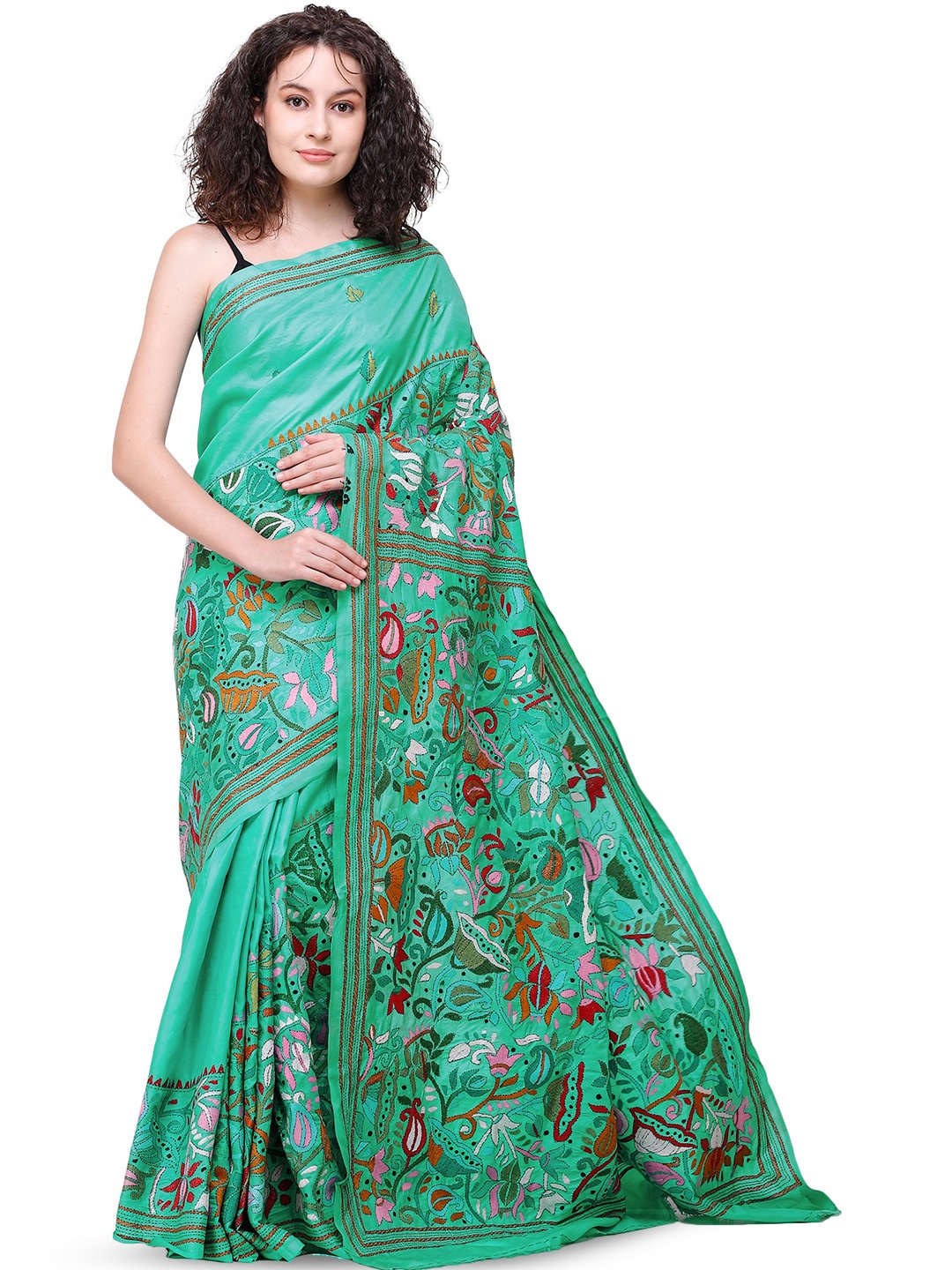 

Exotic India Paisley Embroidered Pure Silk Saree, Blue