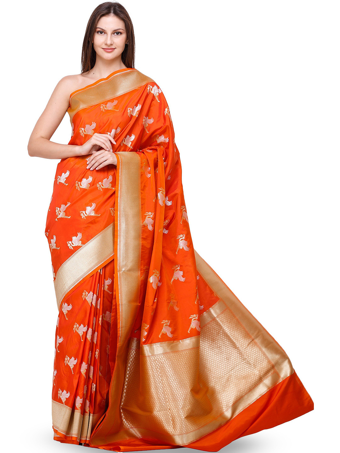 

Exotic India Ethnic Motifs Zari Pure Silk Banarasi Saree, Orange
