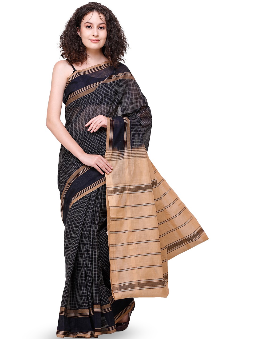 

Exotic India Narayanpet Checked Pure Cotton Saree, Black