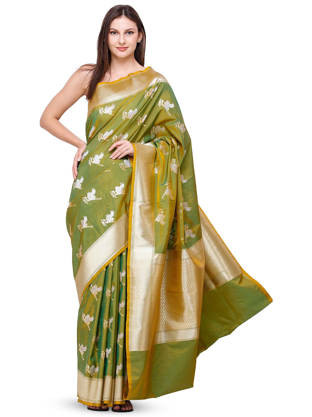 

Exotic India Woven Design Zari Pure Silk Banarasi Saree, Green