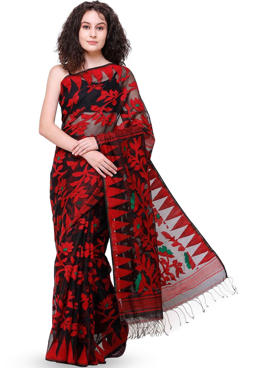 

Exotic India Red and Black Pure Cotton Jamdani Saree with Woven Bootis All Over