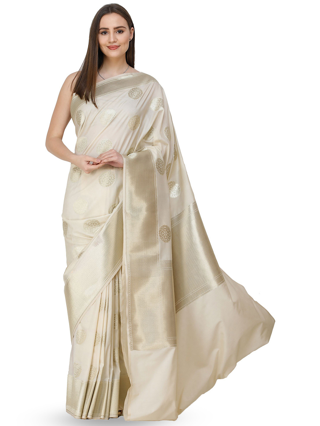 

Exotic India Zari-Woven Circular Bootis Pure Silk Uppada Saree, Cream