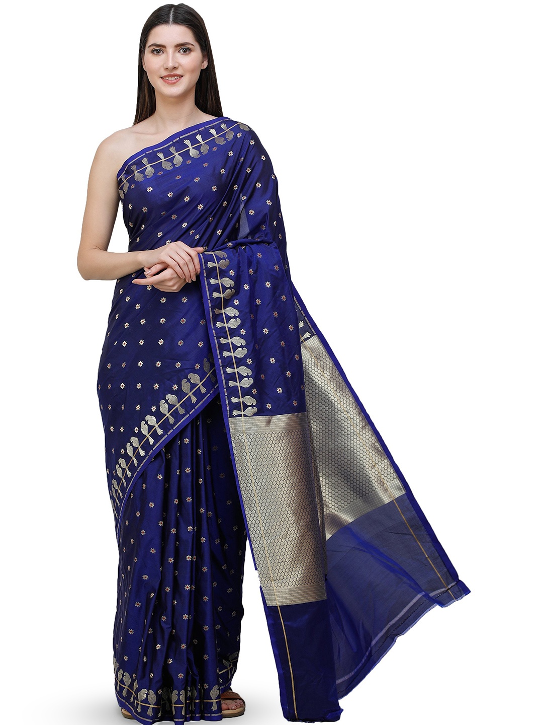 

Exotic India Patriot Blue Uppada Pure Silk Saree with Zari Woven Parrots on Border