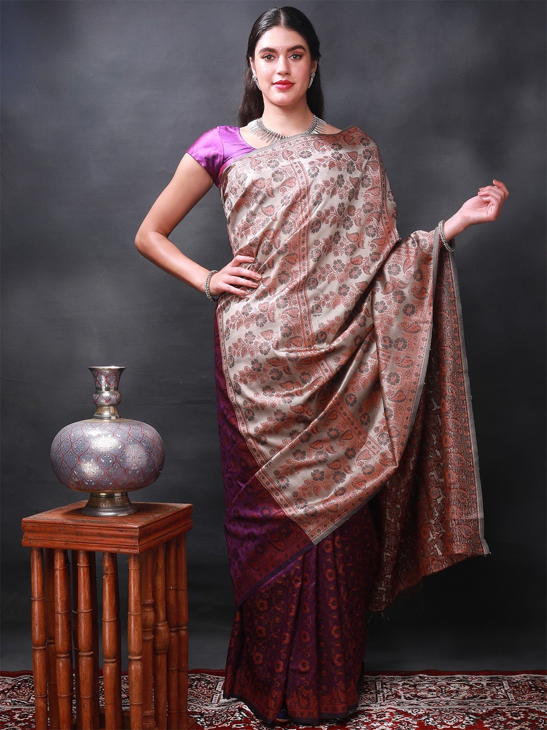 

Exotic India Kanji-Cotton Saree with Zari-Woven Peacocks on Pallu, Purple