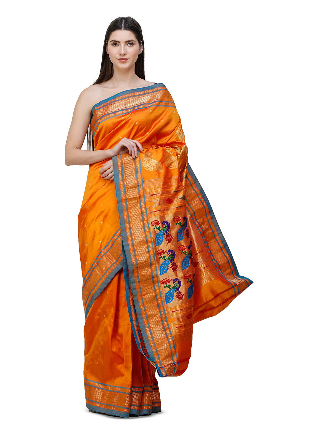 

Exotic India Woven Design Zari Pure Silk Paithani Saree, Orange