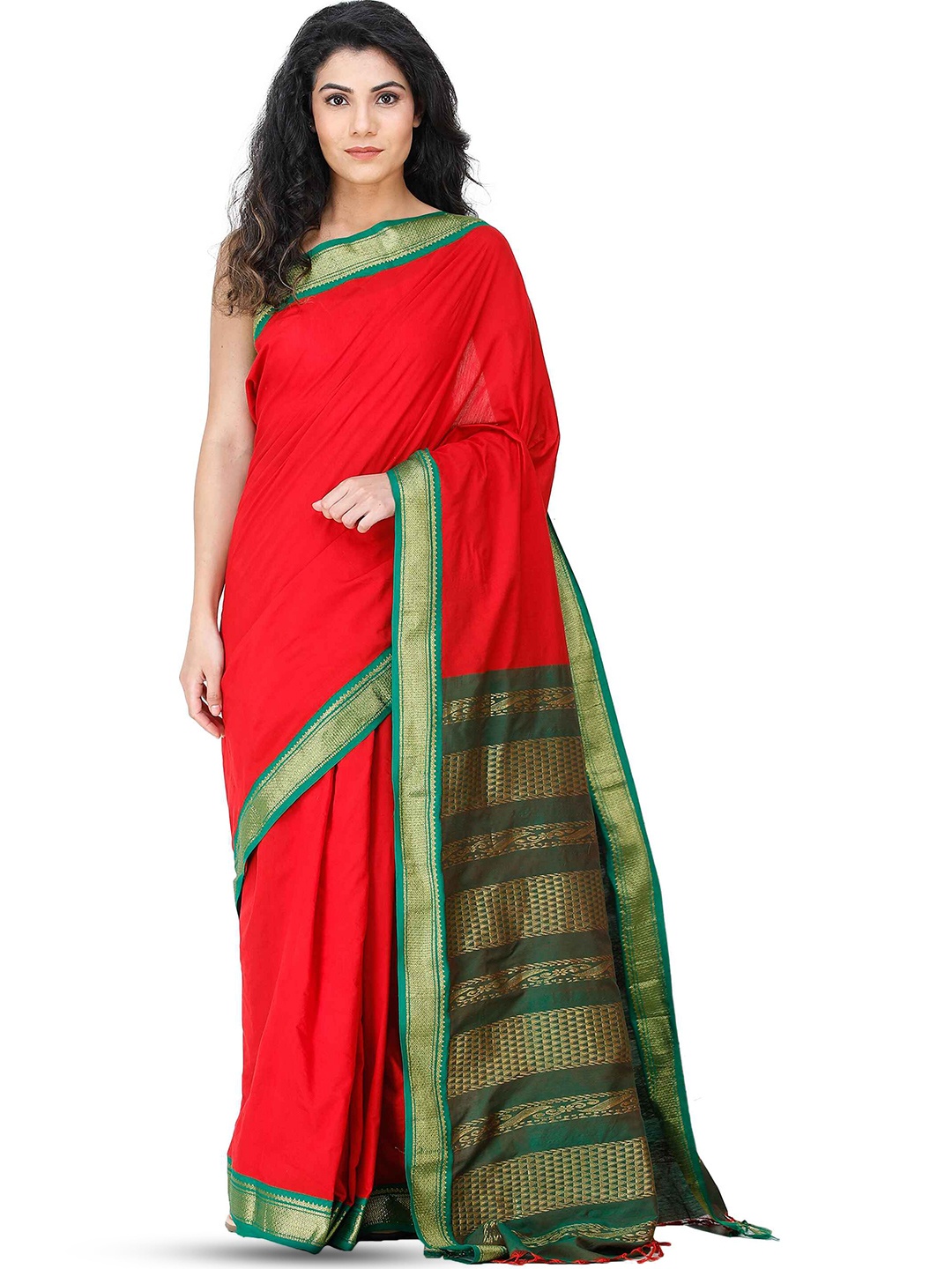 

Exotic India Rococco Red Kanji-Cotton Saree with Zari-Woven Peacocks on Pallu