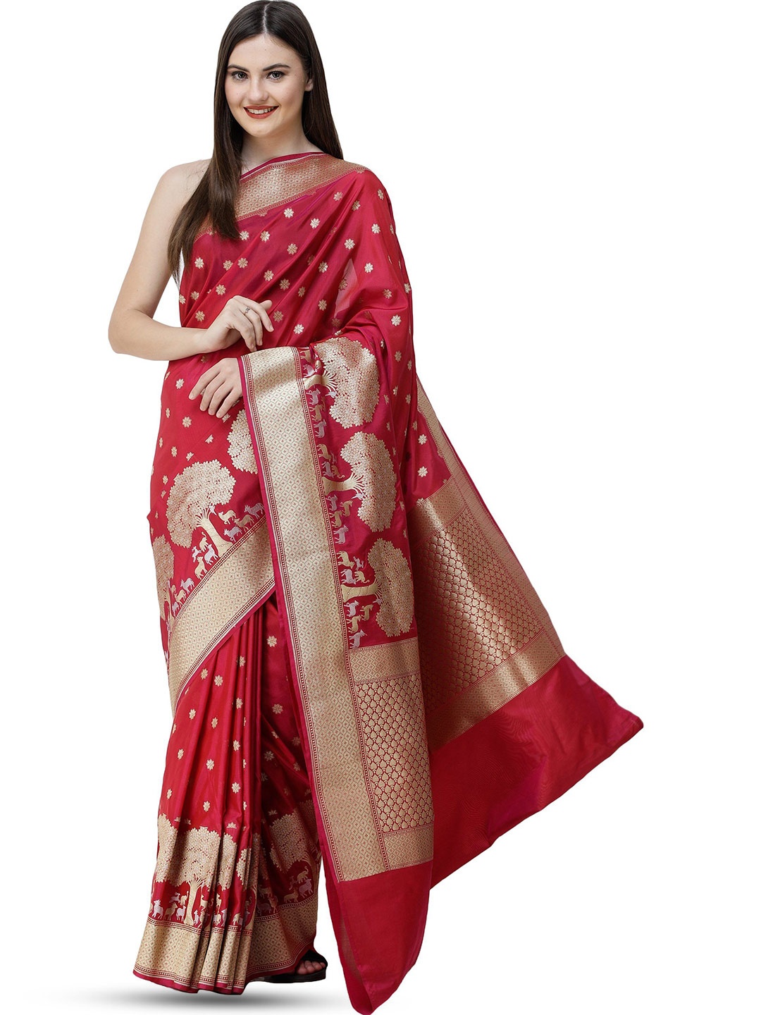 

Exotic India Bright Rose Brocaded Banarasi Saree with Zari Woven Trees & Animals on Border