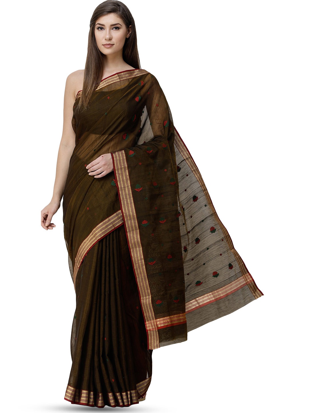 

Exotic India Chanderi Pure Cotton Silk Saree with Zari-Woven Border and Floral Bootis, Brown