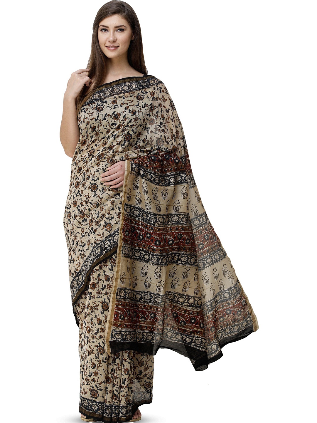 

Exotic India Kalamkari Zari Pure Cotton Saree, Beige