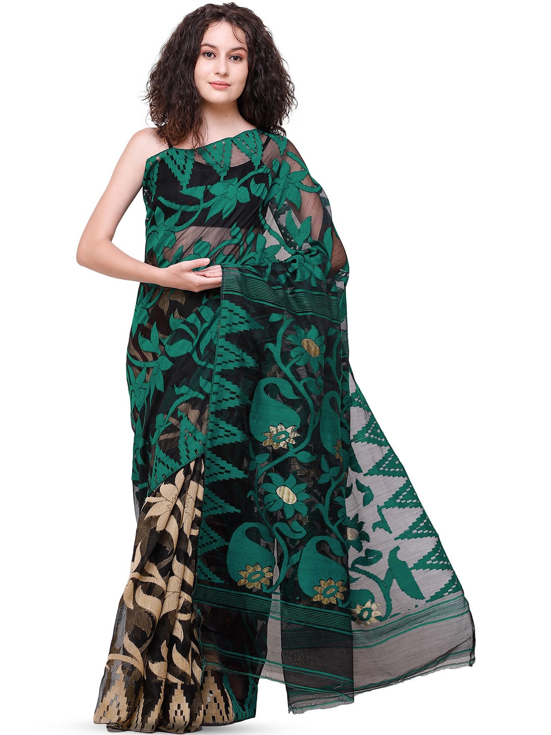 

Exotic India Green and Black Jamdani Saree with Woven Bootis & Sunflower on Pallu