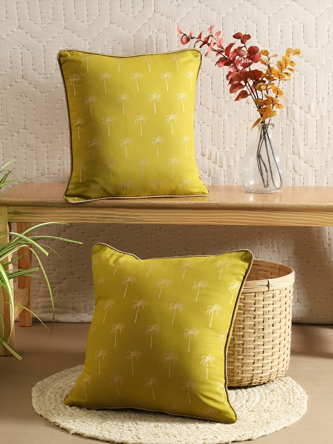 

House of Pataudi Mustard Yellow 2 Pieces Floral Printed Cotton Cushion Covers