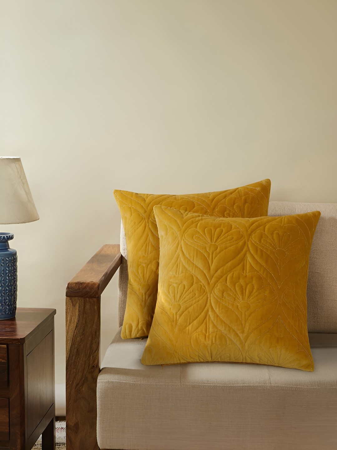 

House of Pataudi Mustard Yellow 2 Pieces Embroidered Cushion Covers