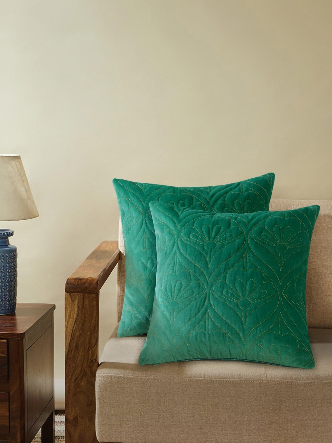 

House of Pataudi Green 2 Pieces Embroidered Square Cushion Covers