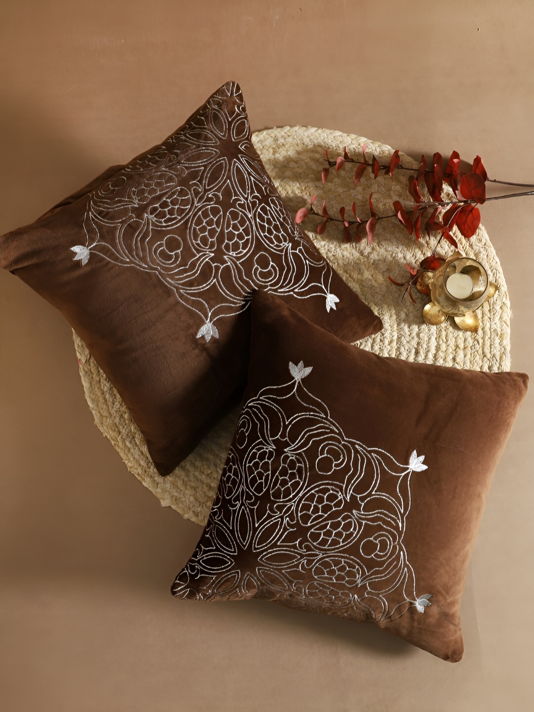 

House of Pataudi Brown & white 2 Pieces Embroidered Velvet Cushion Covers