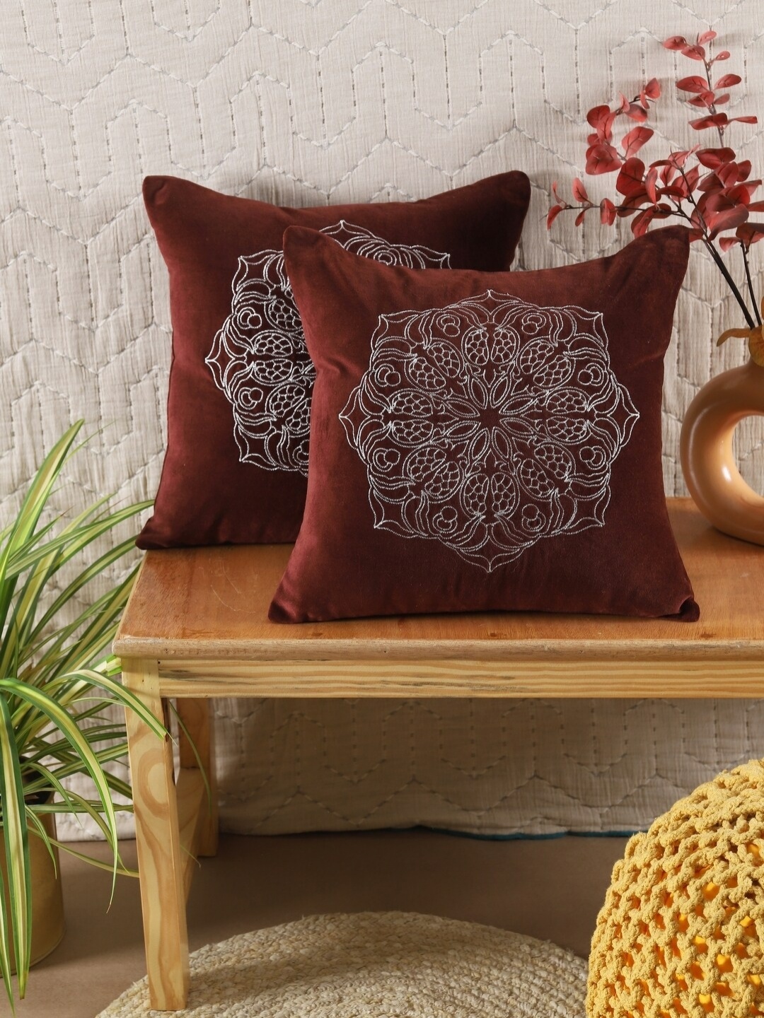 

House of Pataudi Brown & White 2 Pieces Embroidered Square Cushion Covers