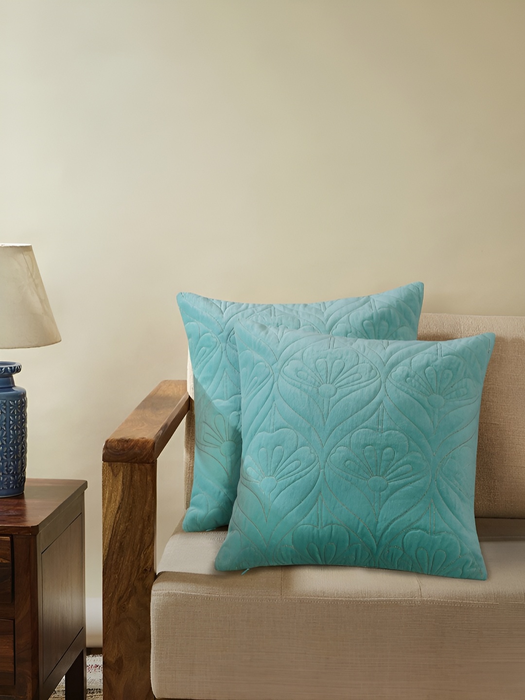 

House of Pataudi Teal Blue 2 Pieces Embroidered Velvet Cushion Covers