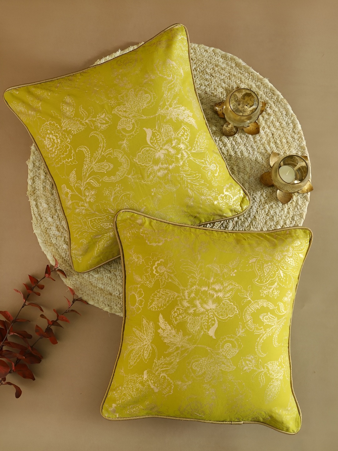 

House of Pataudi 2Pcs Mustard Yellow Floral Printed Cotton Cushion Covers