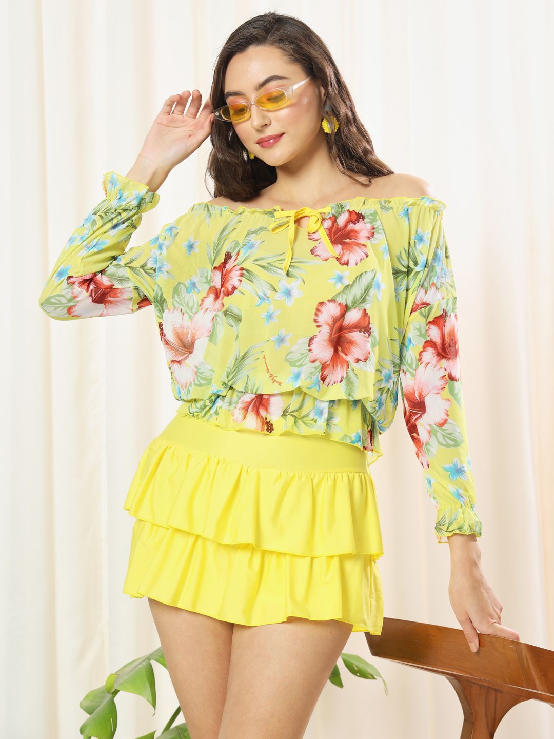 

TANDUL Floral Printed Off-Shoulder Blouson Mini Dress, Lime green
