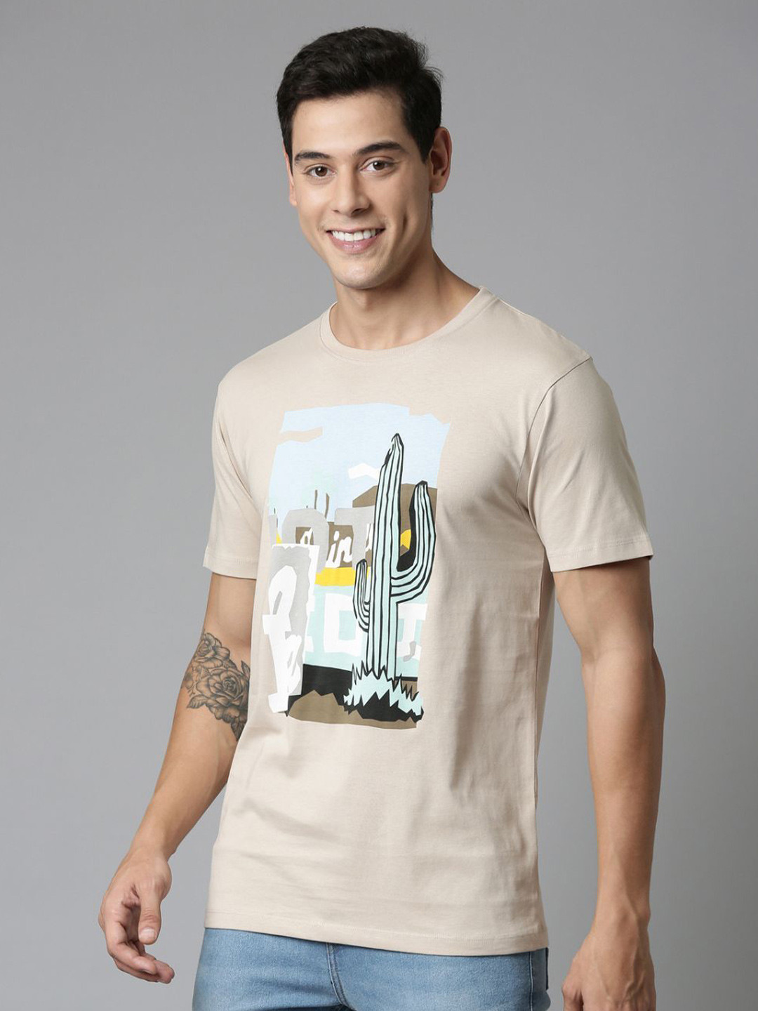 

MAXZONE Graphic Printed Cotton T-shirt, Cream