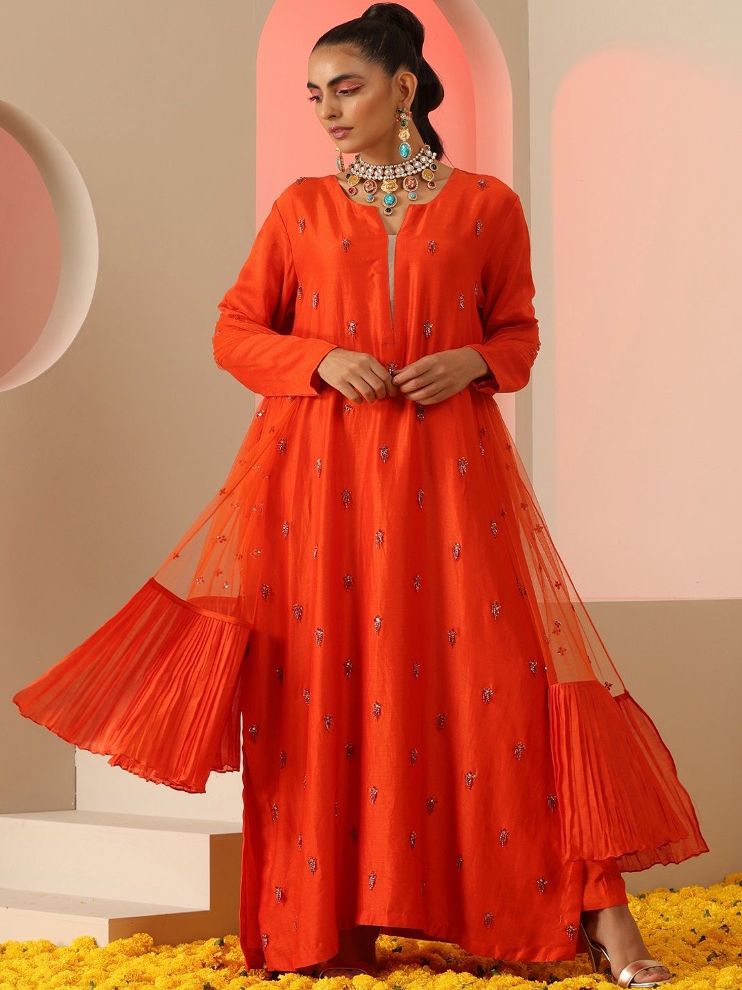 

KUDI PATAKA Women Embroidered Regular Sequinned Kurta with Trousers & With Dupatta, Orange