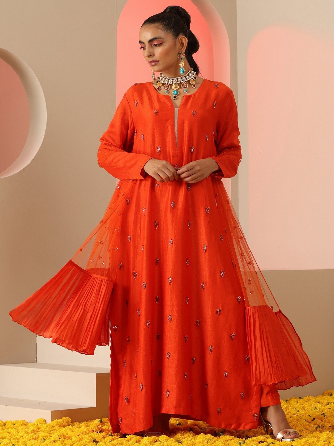 

KUDI PATAKA Women Embroidered Regular Sequinned Kurta with Trousers & With Dupatta, Orange