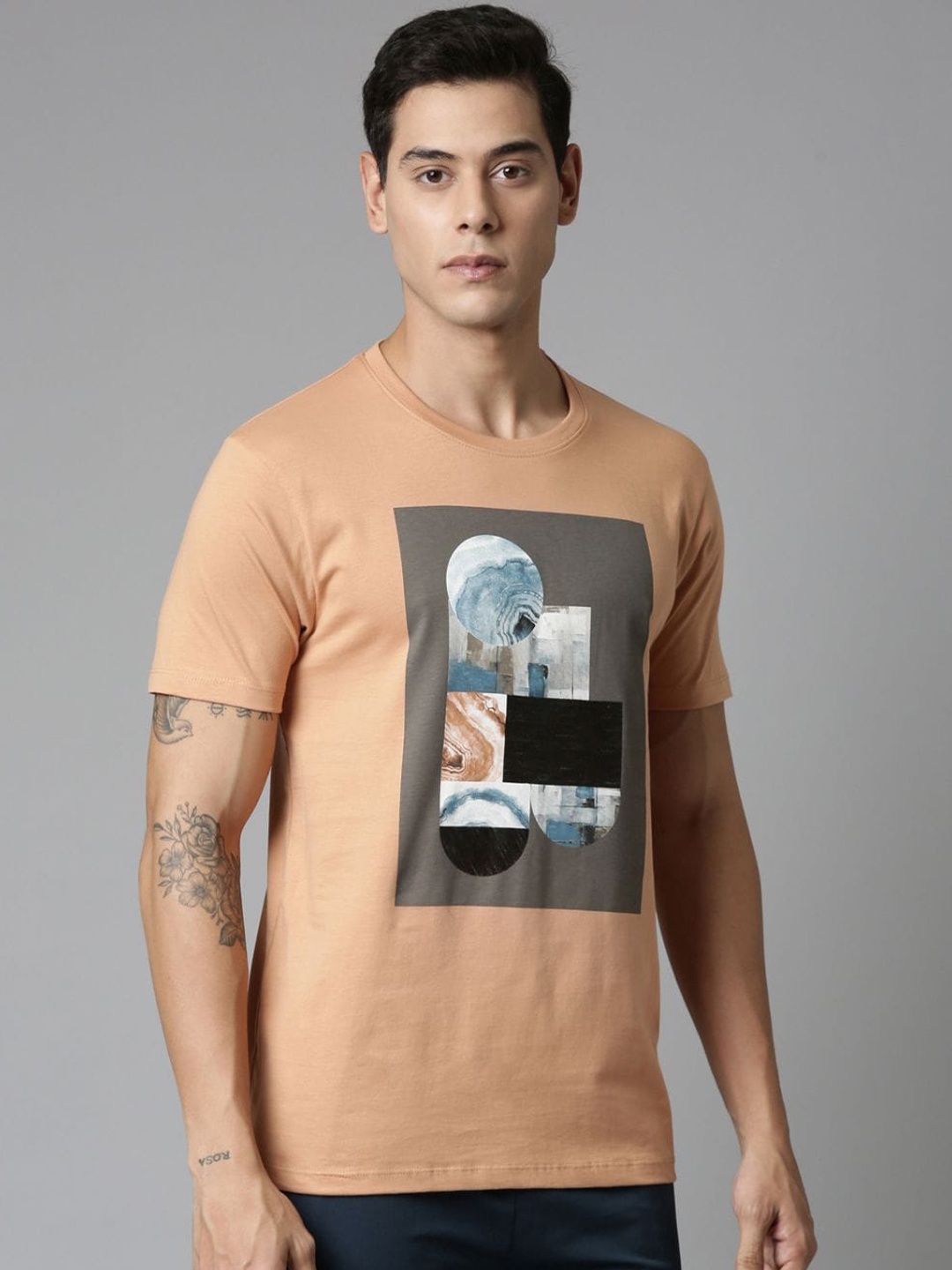 

MAXZONE Graphic Printed Cotton T-shirt, Brown