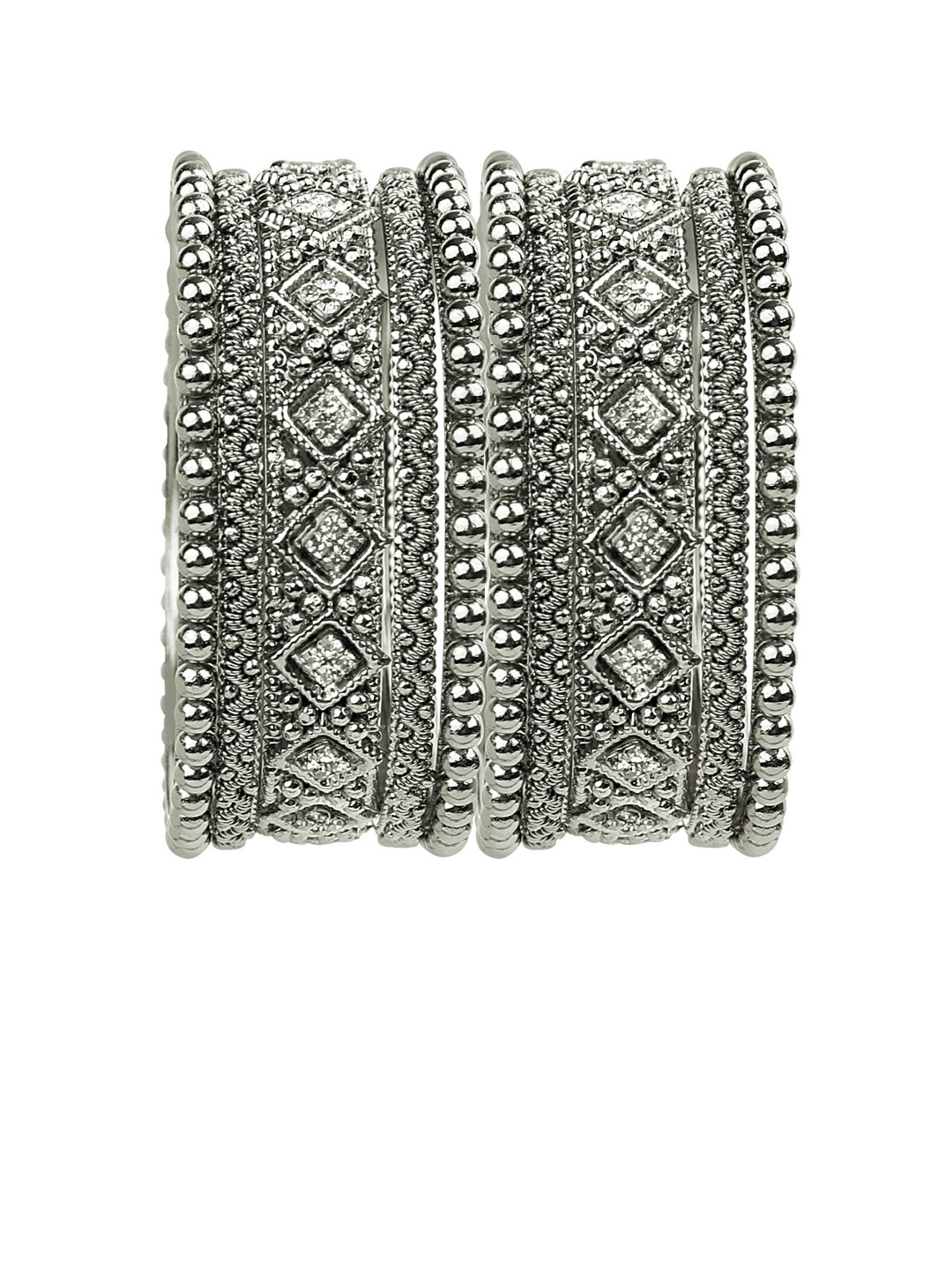 

FEMMIBELLA Set Of 10 Silver-Plated CZ-Studded Chuda Bangles with CZ Stones