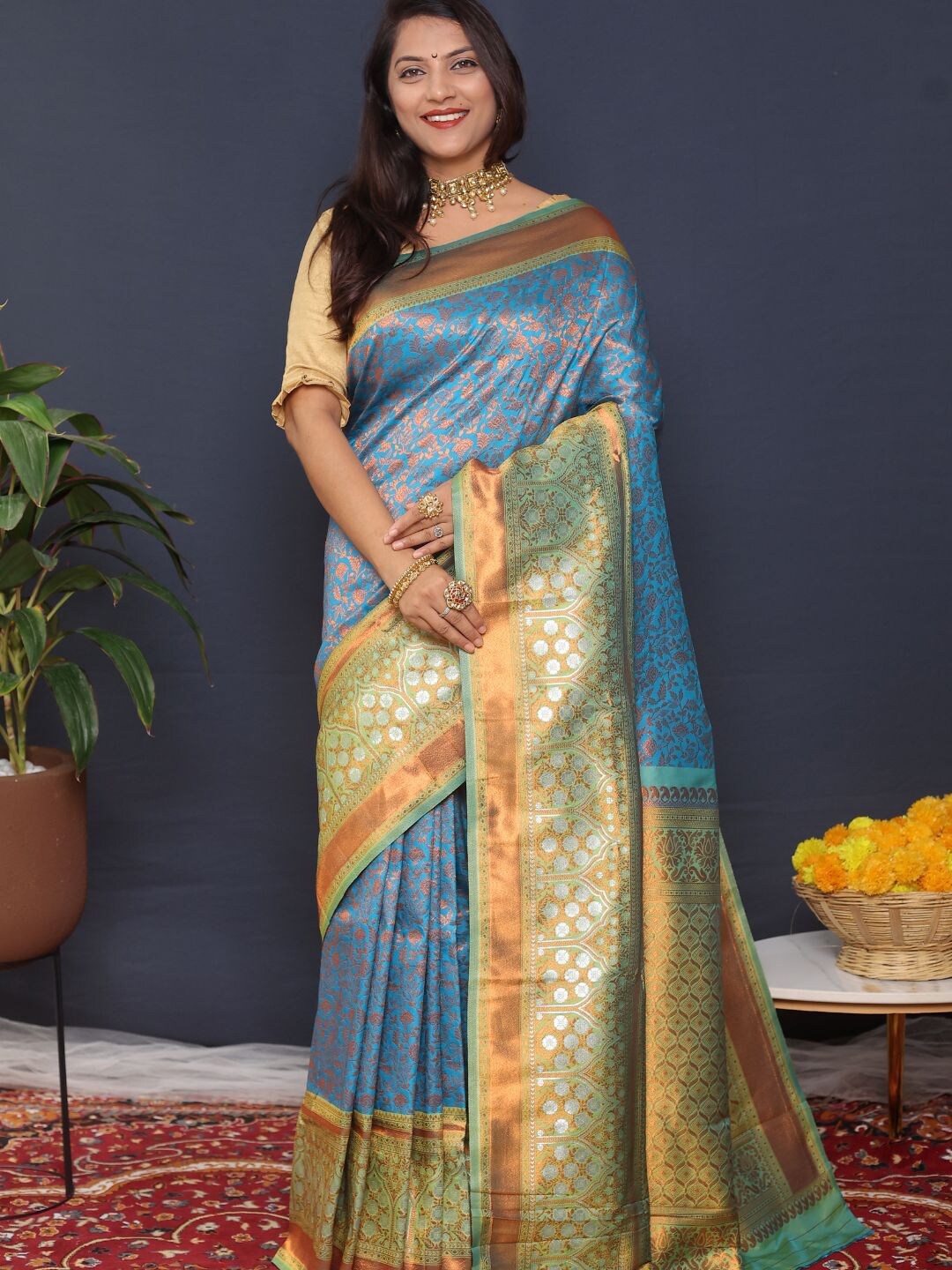 

SGF11 Woven Design Zari Art Silk Heavy Work Kanjeevaram Saree, Blue