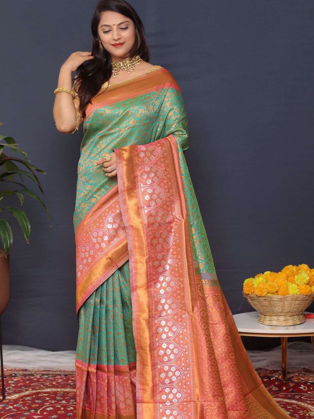 

SGF11 Woven Design Zari Art Silk Heavy Work Kanjeevaram Saree, Sea green