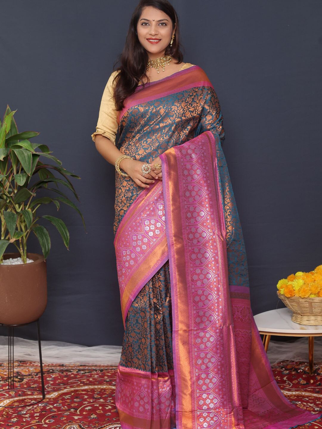 

SGF11 Woven Design Zari Art Silk Heavy Work Kanjeevaram Saree, Teal