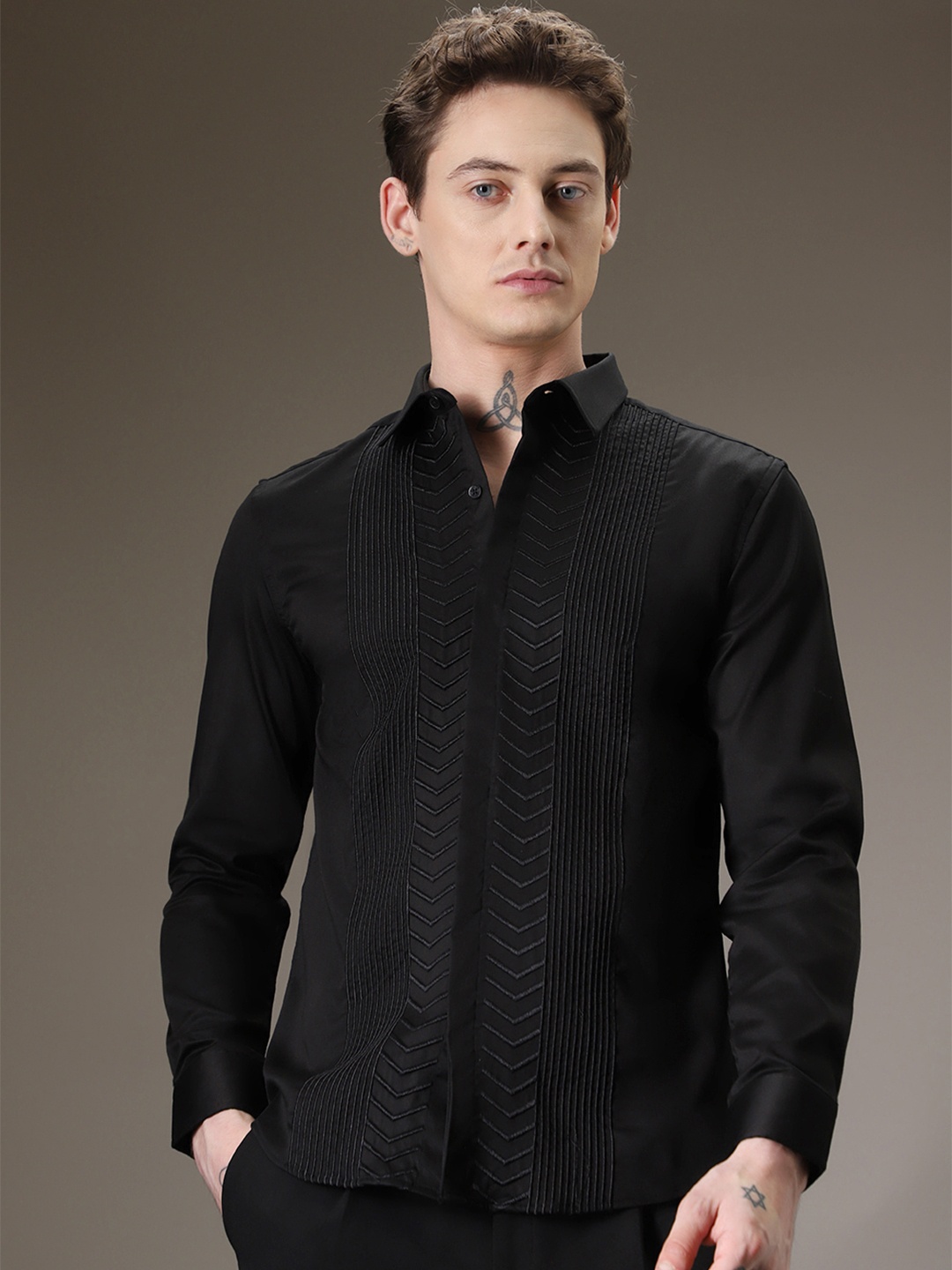 

Banana Club Classic Geometric Pin Tucks Slim Fit Cotton Casual Shirt, Black