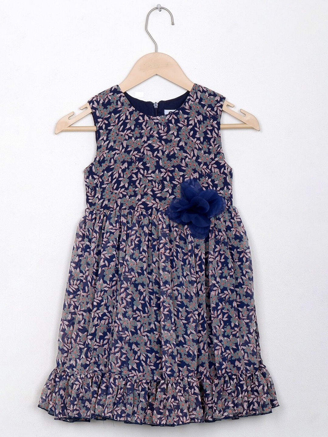 

BAESD Girls Floral Print Round Neck Bow Detail Cotton A-Line Dress, Navy blue