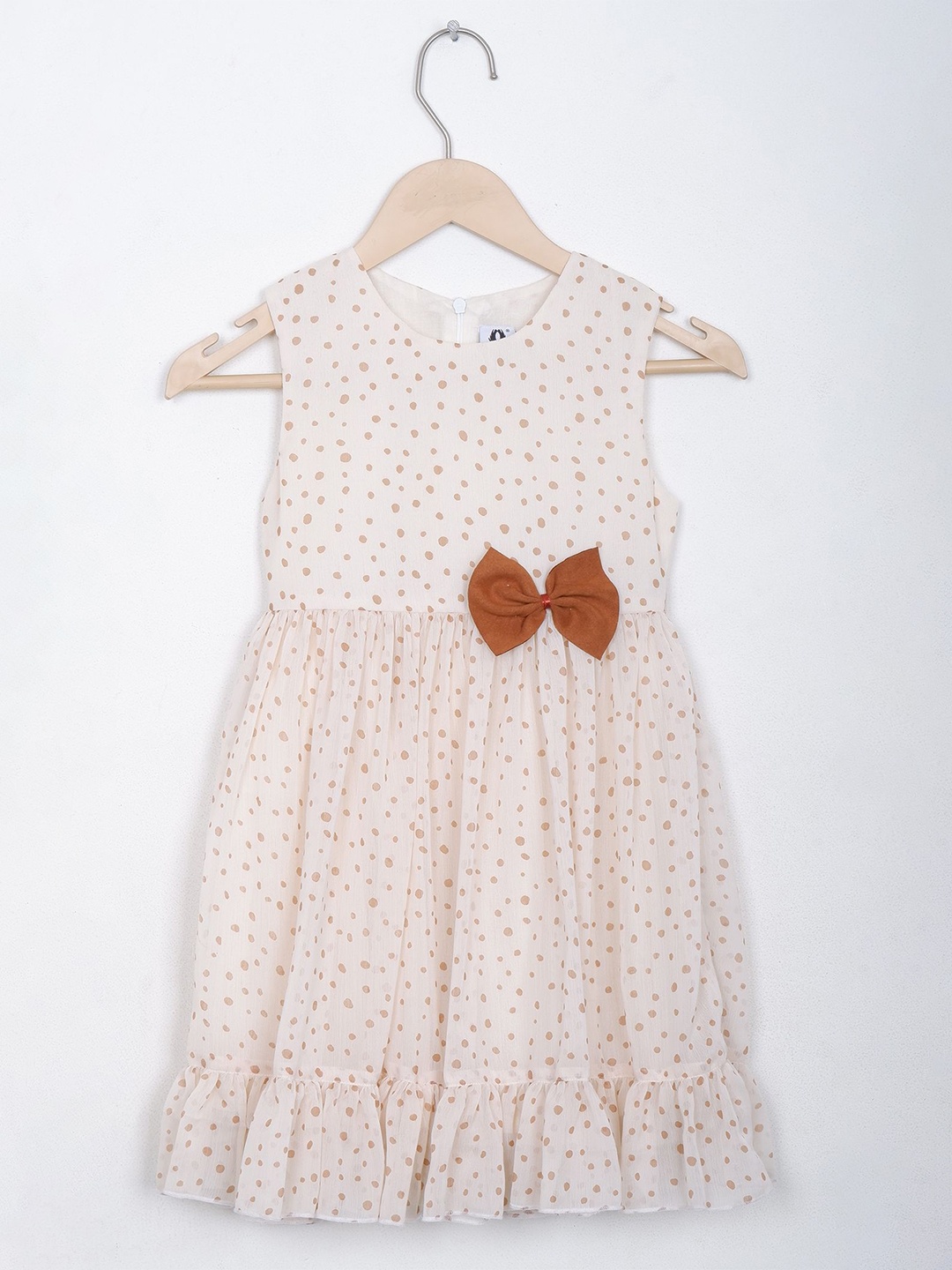 

BAESD Girls Polka Dot Print Round Neck Bow Detail Cotton Fit & Flare Dress, Cream