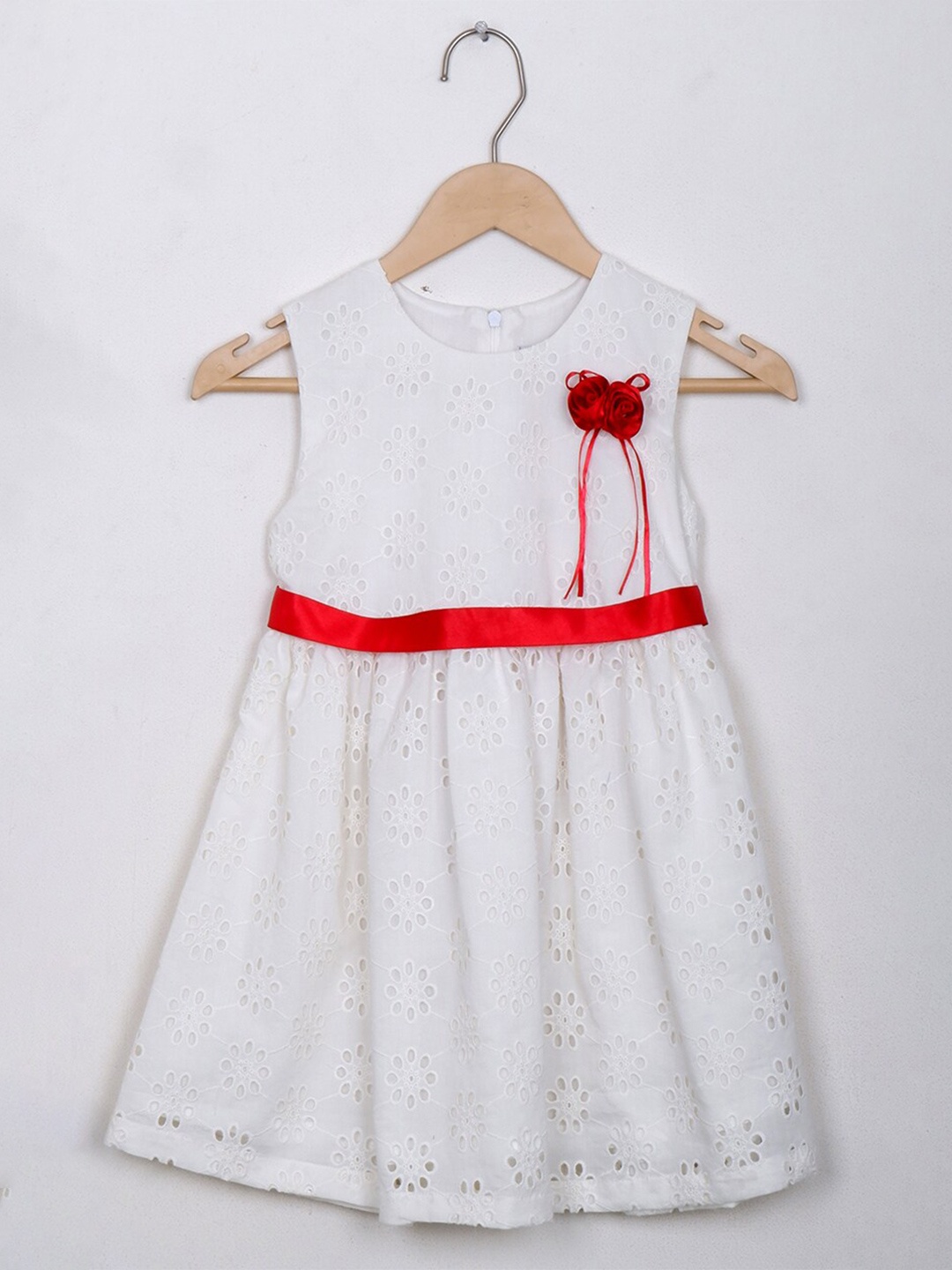 

BAESD Girls Schiffli Self Design Bow Detailed Cotton Fit & Flare Dress, White