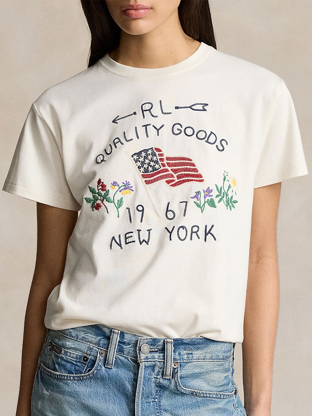 

Polo Ralph Lauren Women Embroidered Cotton T-Shirt, Cream