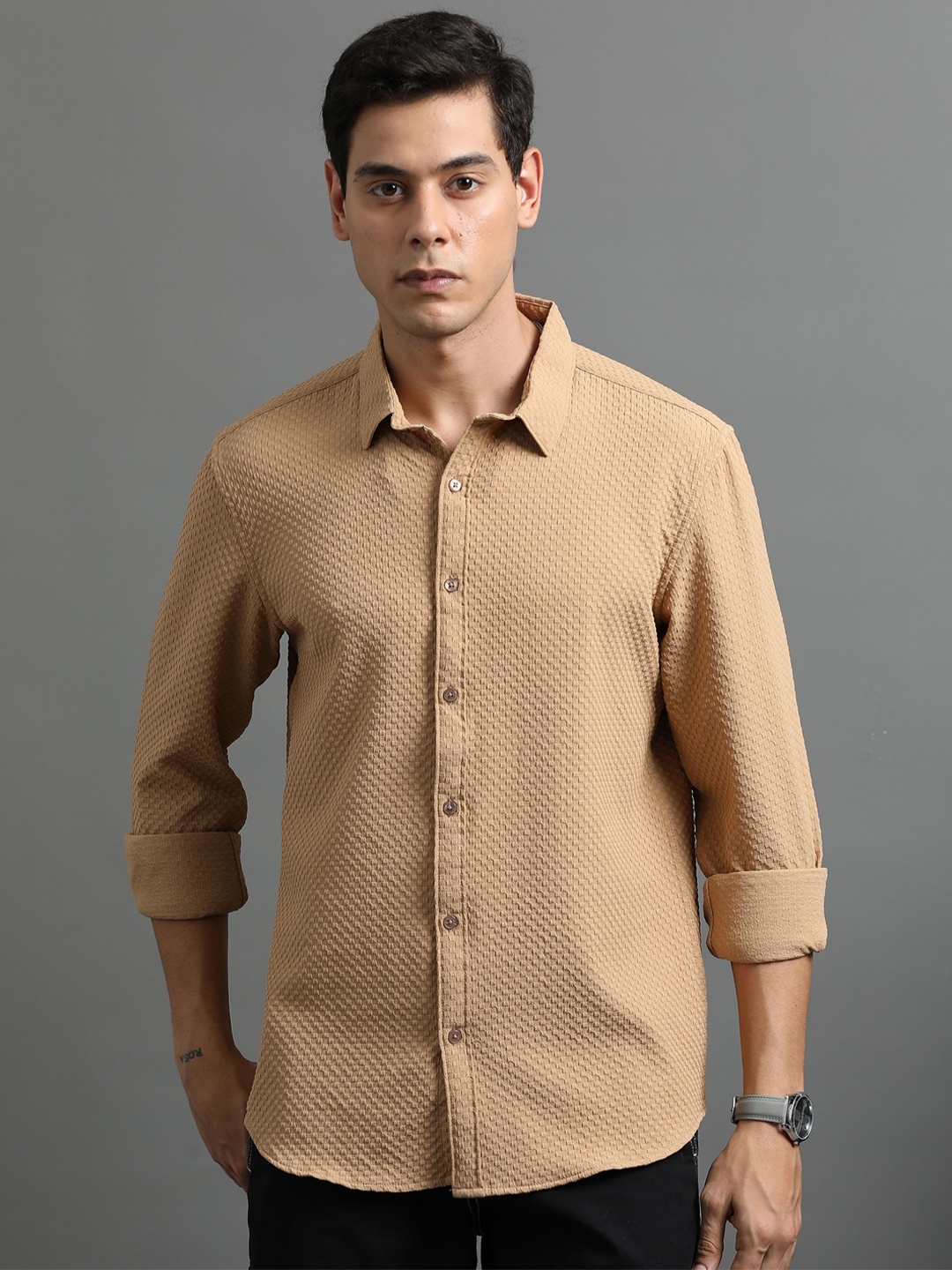 

Bushirt Classic Textured Printed Casual Shirt, Bronze