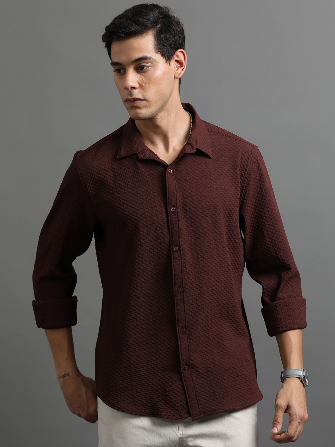 

Bushirt Classic Textured Printed Casual Shirt, Brown