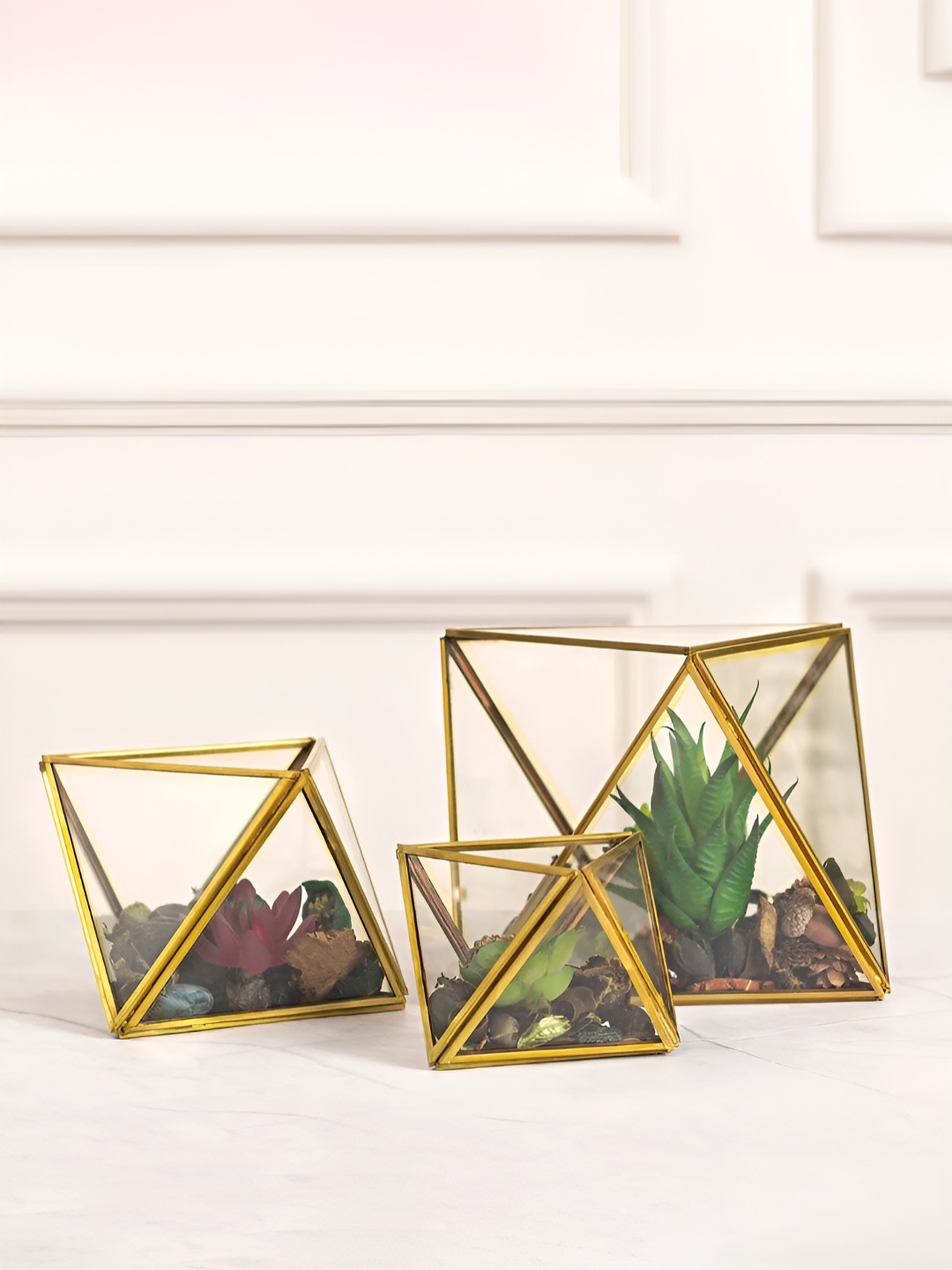 

DecorTwist Gold Toned 3 Pieces Textured Metal Planter With Holder