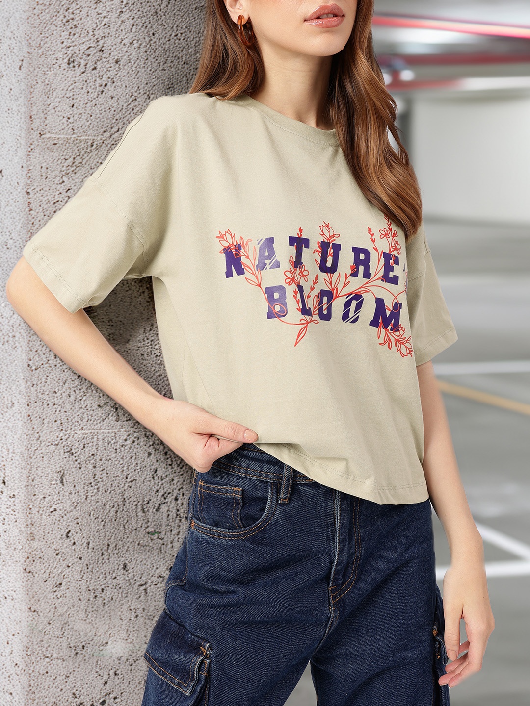 

DressBerry Blossom Printed Boxy T-shirt, Beige