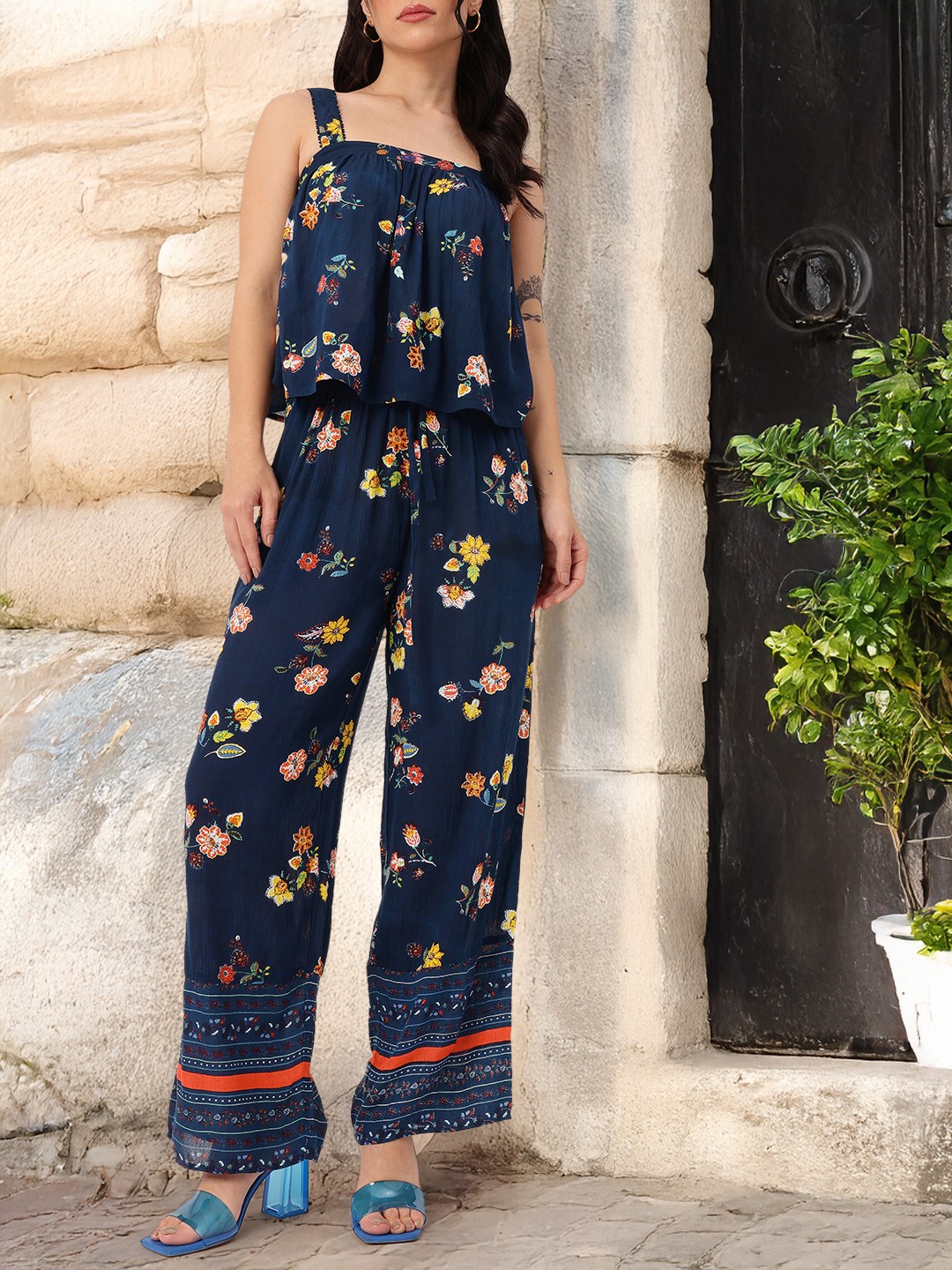 

DressBerry Floral Fantasy Printed Top With Trousers, Navy blue