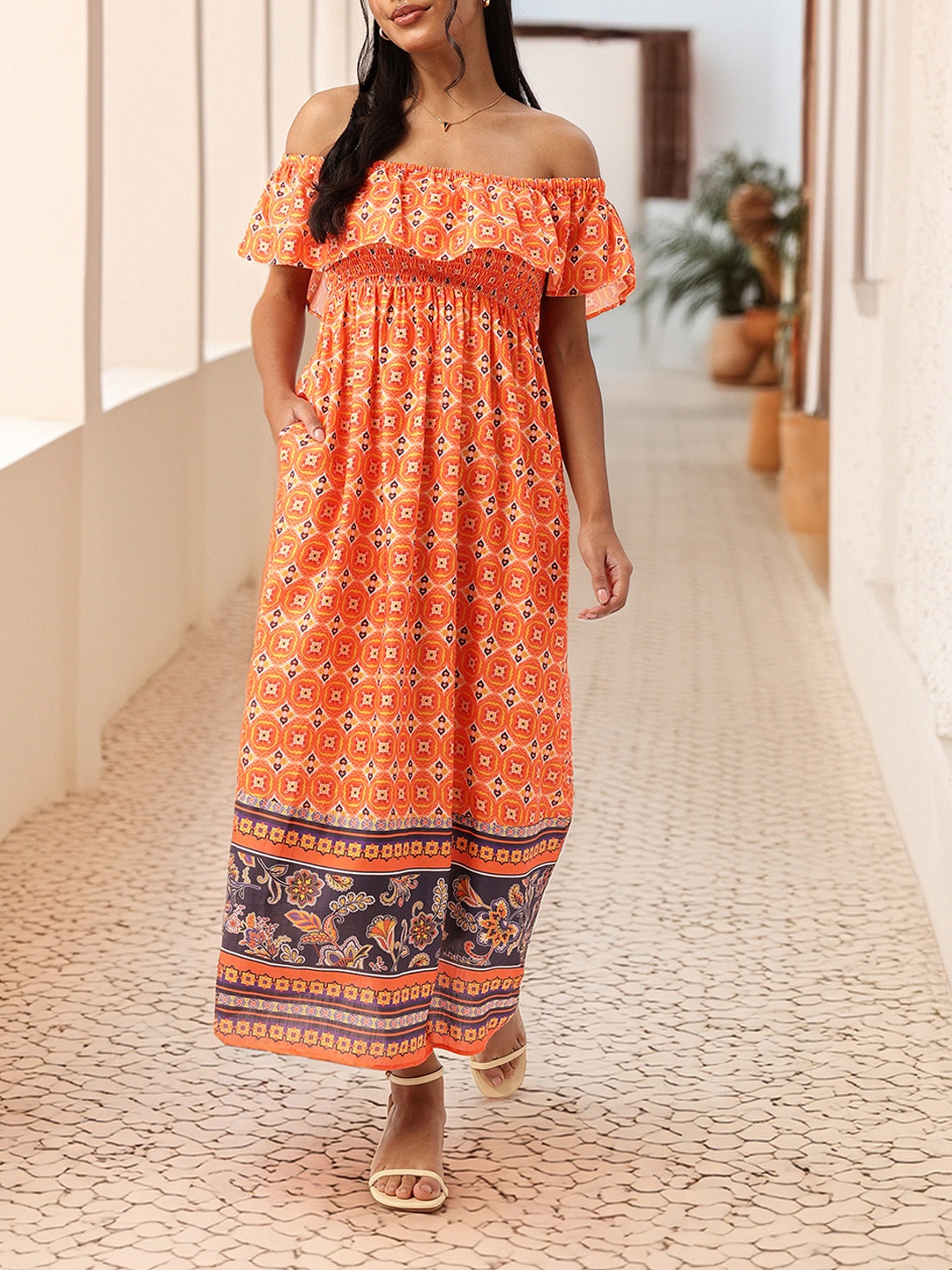 

DressBerry Street Chic Meets Ethnic Prints Off-Shoulder Smocked Maxi Dress, Orange