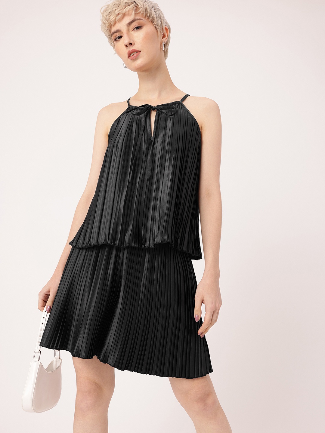 

DressBerry Delightful Grace Accordion Pleats Tie-Up Neck Top With Flared Shorts Co-Ords, Black